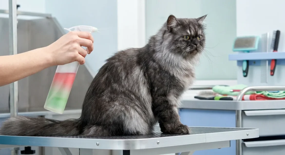 Persian Grooming Pro demonstrates advanced coat care, spraying a long-haired grey Persian cat on a grooming table for a show-