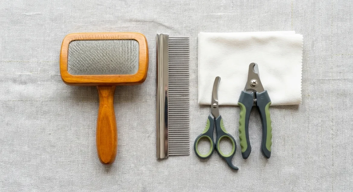 Persian Grooming Pro: Essential Persian cat grooming tools kit with slicker brush, metal comb, scissors, and nail clippers.