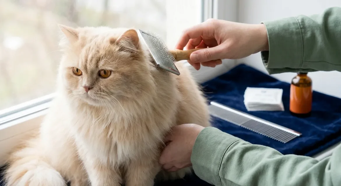 A person gently brushes a cream Persian cat with a slicker brush, demonstrating daily grooming for a mat-free coat by Persian