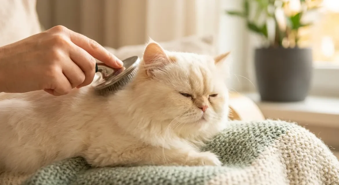A person gently brushing a fluffy cream Persian cat on a knitted blanket. Persian Grooming Pro: essential Persian cat daily g