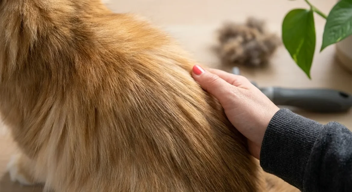 Persian Grooming Pro: Hand gently strokes a Persian cat's long fur, highlighting daily grooming to prevent Persian cat mattin