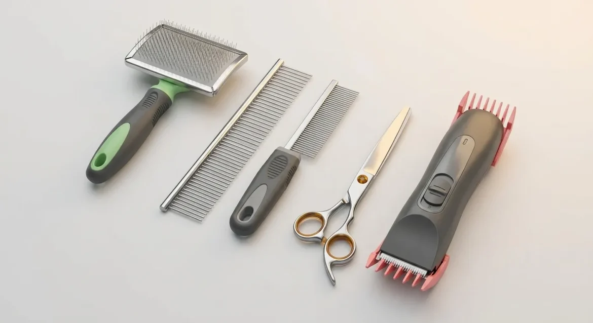 Persian Grooming Pro: Best grooming tools for Persian cats, featuring a slicker brush, combs, scissors, and pet clipper.