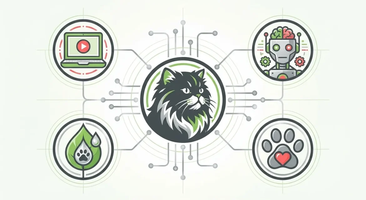 Persian Grooming Pro: Future of Persian grooming with tech, sustainability, and pet wellness trends. Stylized cat logo connect