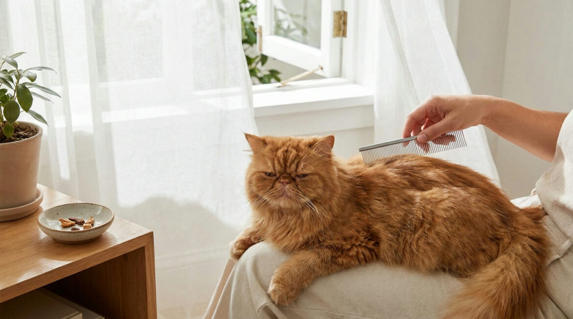 Grooming a flat-faced Persian: a relaxed Persian being gently combed with its face and nose left free