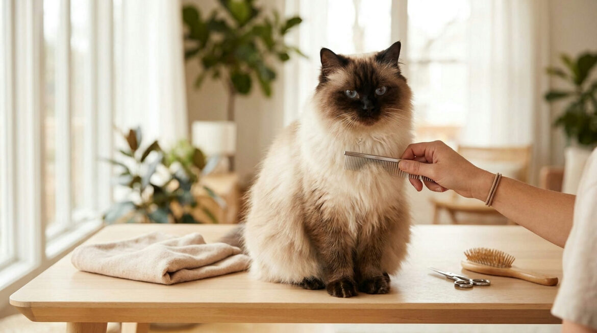 Himalayan cat grooming: a blue-eyed colourpoint Himalayan being gently combed at home