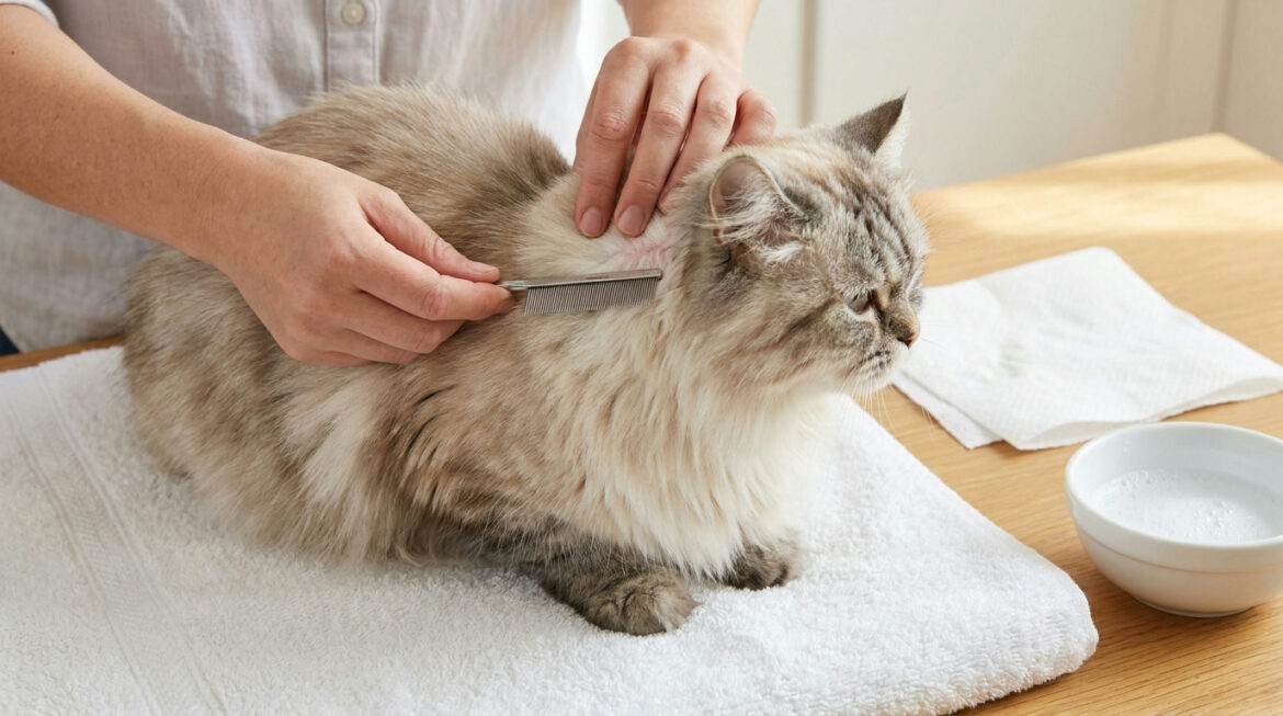 How to check a Persian cat for fleas: owner using a fine flea comb on a Persian cat's neck fur
