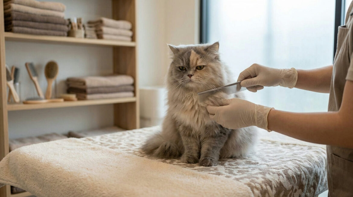 Choosing a professional groomer for a Persian: a groomer calmly combing a Persian cat on a grooming table