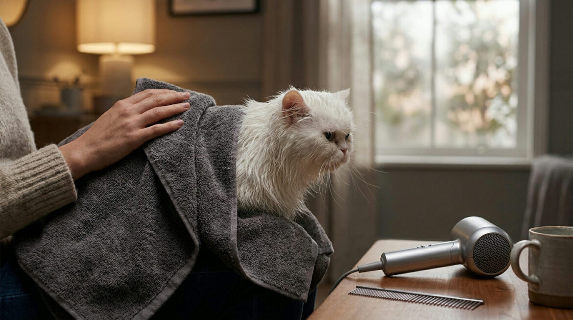 How to dry a Persian cat: owner towel-drying a damp Persian cat after a bath in a warm room