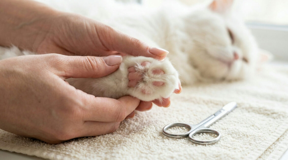 How to trim paw fur on a Persian cat: owner tidying fur around a Persian's paw pads with blunt scissors