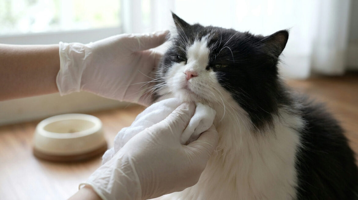 Persian cat chin acne: owner gently wiping a Persian cat's chin with a soft damp cloth