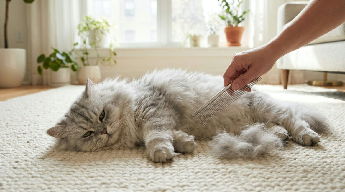 Persian cat hairballs: owner combing loose undercoat from a Persian cat with a metal comb