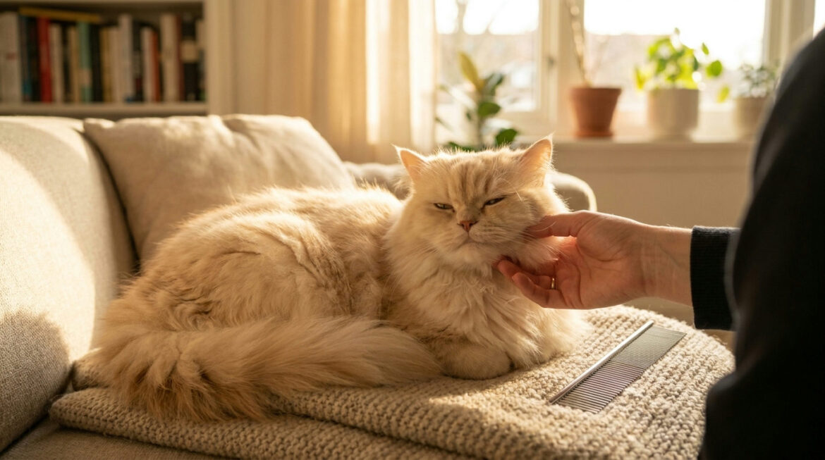 Calm cream Persian cat being gently stroked beside a steel comb, a first step when a Persian cat hates grooming